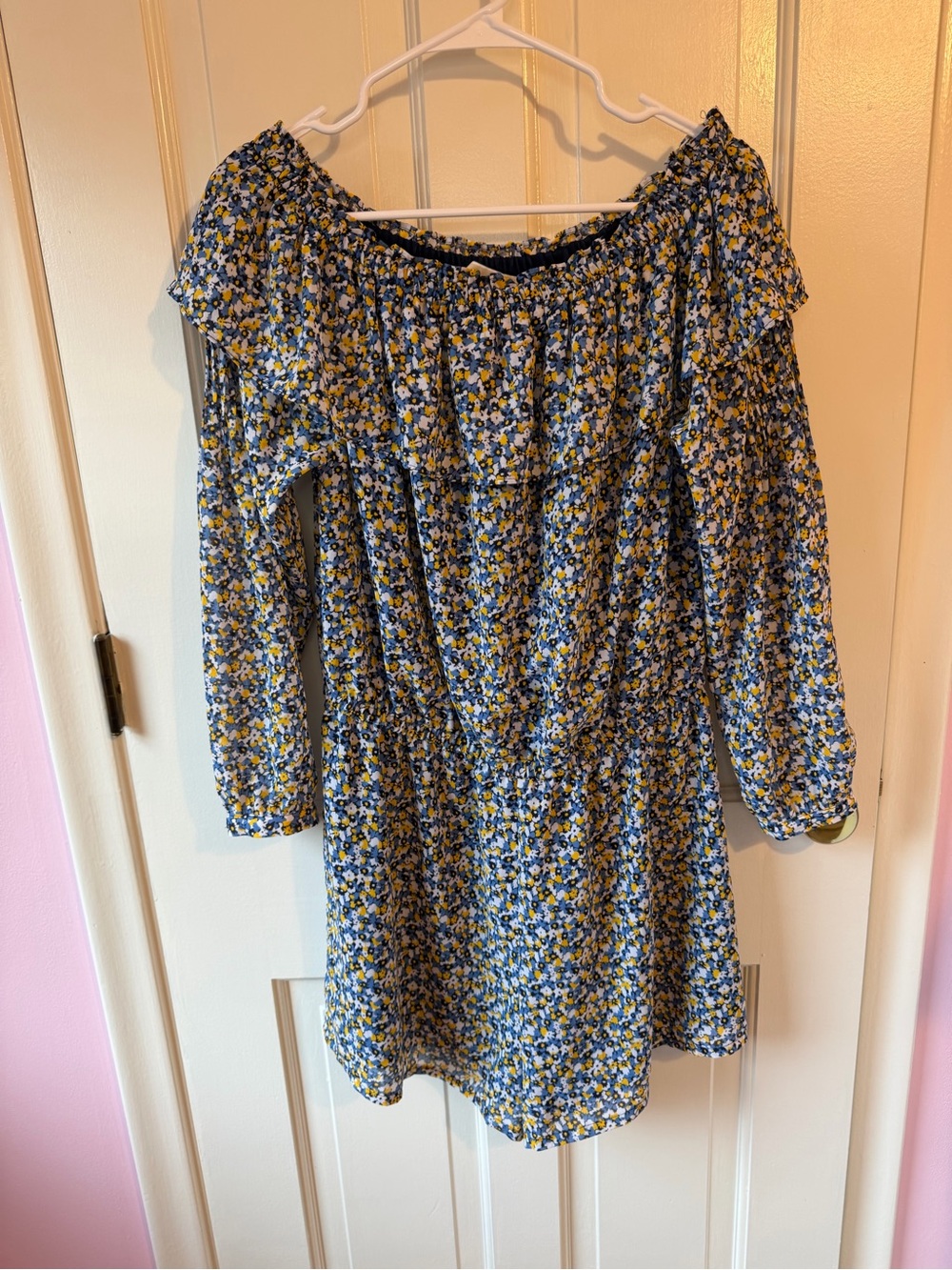 Michael Kors Navy Floral Off-Shoulder Romper with Yellow Accents